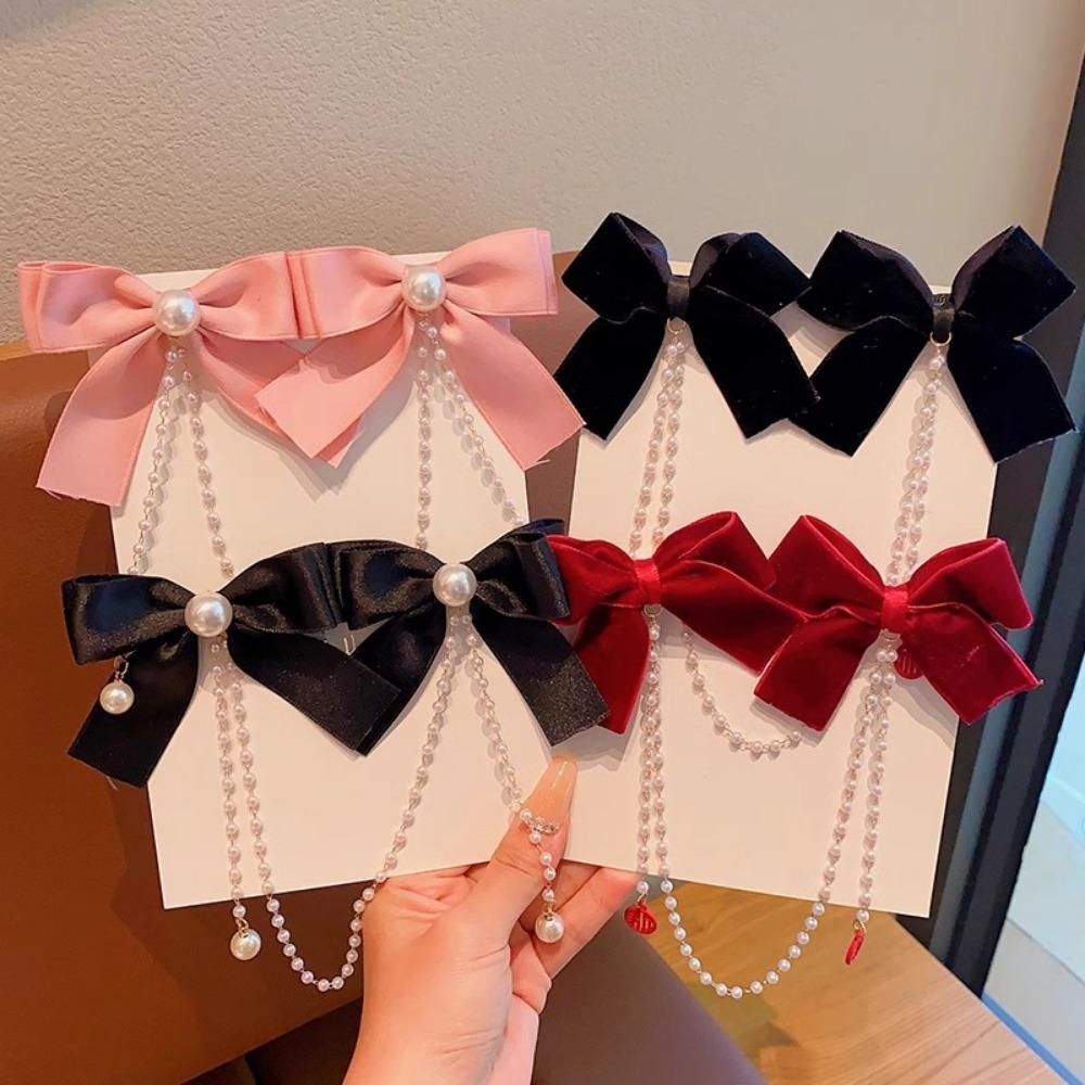 Sweet Princess Style Pink Pearls Chain Bow Hair Clip Women Children's Cute Back Head Hairpins Hair Clips Girls Hair Accessories