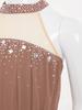 Girls Performance Dress Lyrical Costume Halter Backless Cutout Back Rhinestone Detail Ruched Mesh Draped Skirt