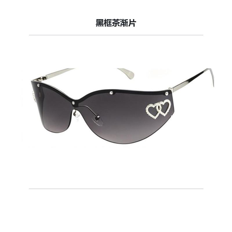 Personalized curved lenses, one-piece frameless elegant sunglasses, women's high-end double heart-shaped decorative sunglasses