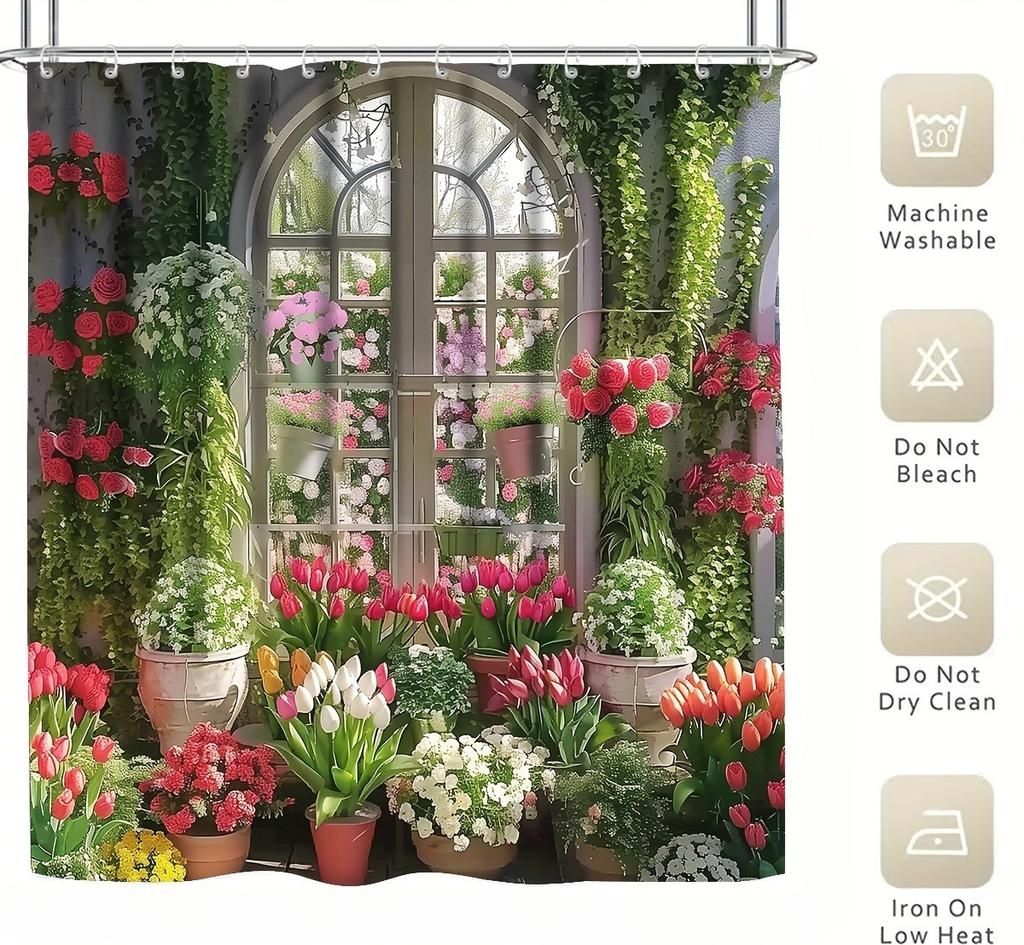 Floral Garden Window Bath Curtain - Vibrant Flowers & Greenery, Waterproof Home Decor Adds Spring Charm To Your Bathroom