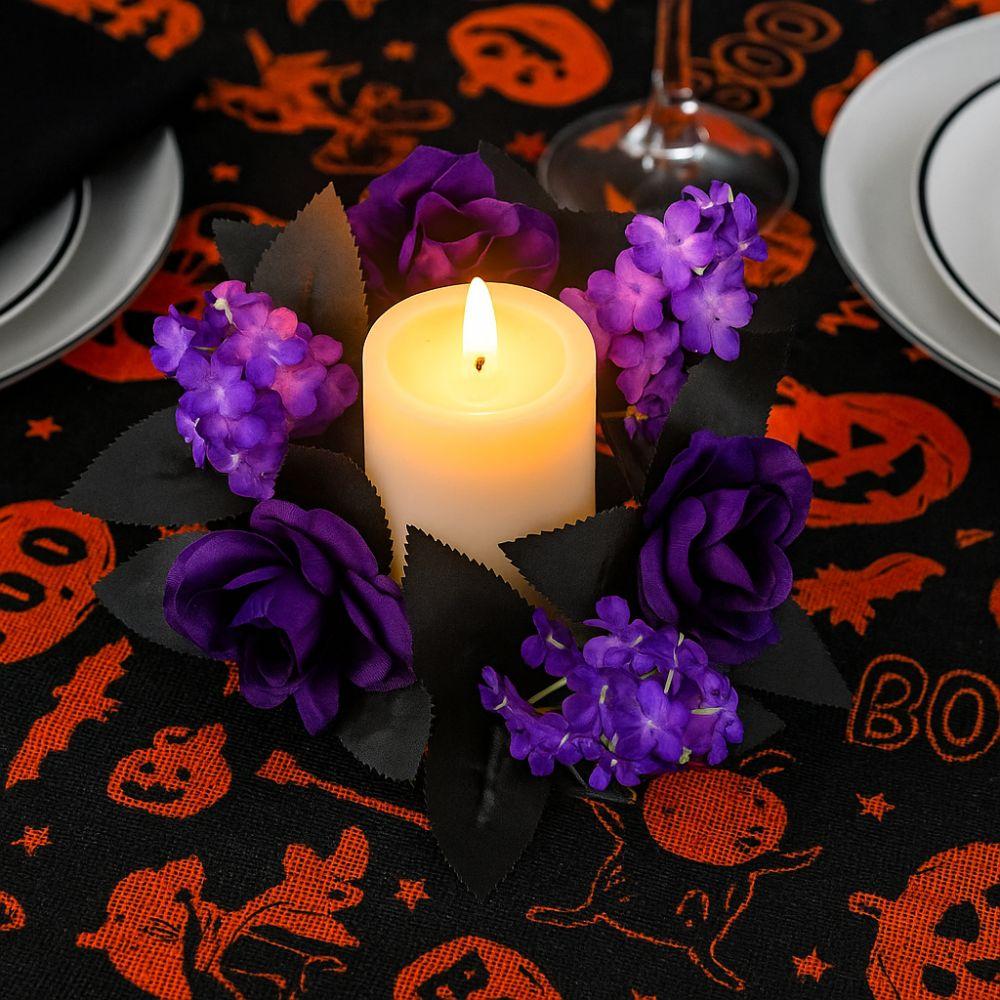 Purple Artificial Rose Flowers Spooky Table Candle Holders Halloween Candle Rings Dining Table