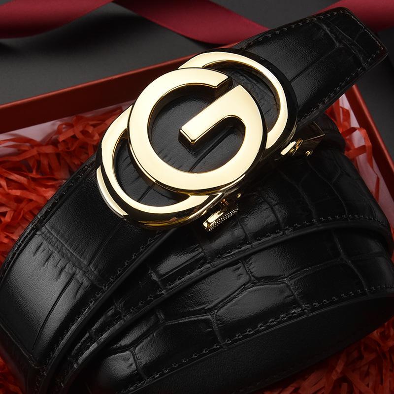 Male Alligator Pattern Leather Belt Imitation Steel Alloy Large G Letter Automatic Buckle, Light Luxury