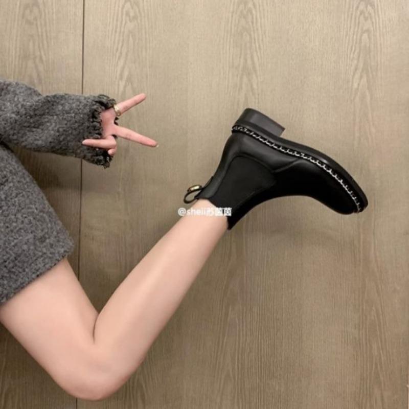 ! Shoe chain thick heel Chelsea short boots women's mid tube Martin boots autumn