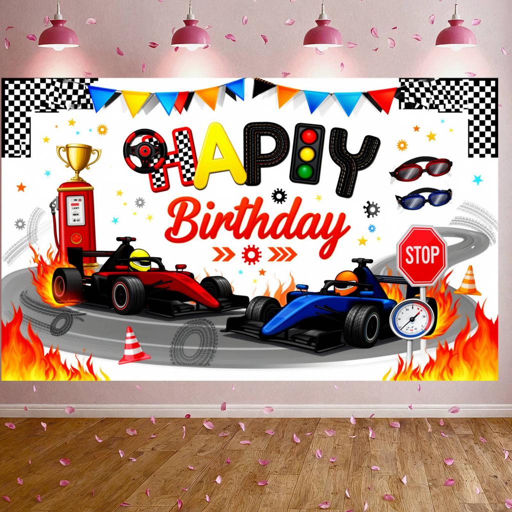 Racing Event Background Red & Blue Tone Race Car Backdrop Banner Racing Helmet Birthday Backdrop For Party Background