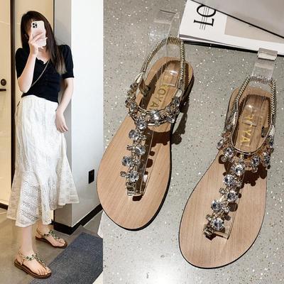 2024 Summer Breathable Rhinestone Elastic Band Flat Viscose Sandals for Women