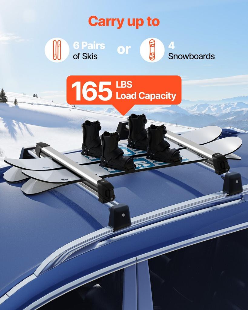 Ski & Snowboard Roof Rack, Carry up to 6 Pairs of Skis or 4 Snowboards, 2 PCS Aluminum Universal Car Roof Rack Top Holder with Lock & Rubber Padding