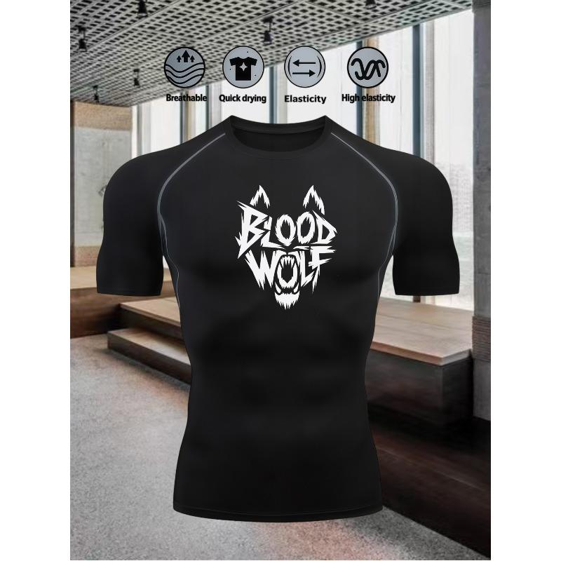 Men's Chest Blood Wolf Shaped Logo Print Compression Shirt High Elasticity Moisture Wicking Sportswear