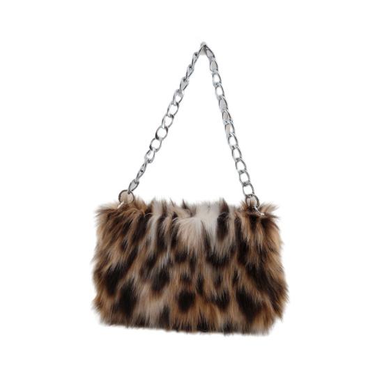 Leopard Print Fluffy Tote Ladies Faux Fur Shoulder Bag Furry Purse Fuzzy Handbag with Metal Chain Strap for Date Winter Daily Commute Party