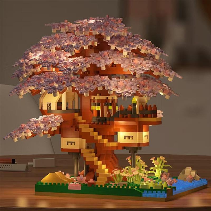 Set di Blocchi da Costruzione Albero di Ciliegio Fai da Te Mattoncini Fiore di Ciliegio Fai da Te con Modello Casa sull'Albero Luminosa Ornamento Regalo Romantico per Fidanzata