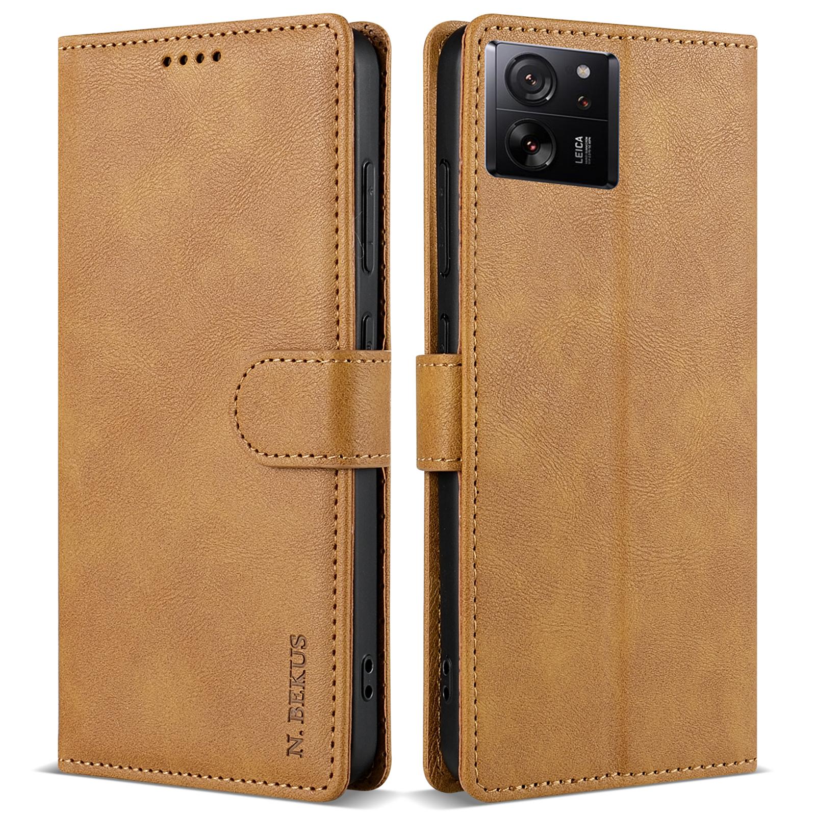 

For Xiaomi 13T/13T Pro Wallet Phone Case Solid Color Leather Flip Cover Brown