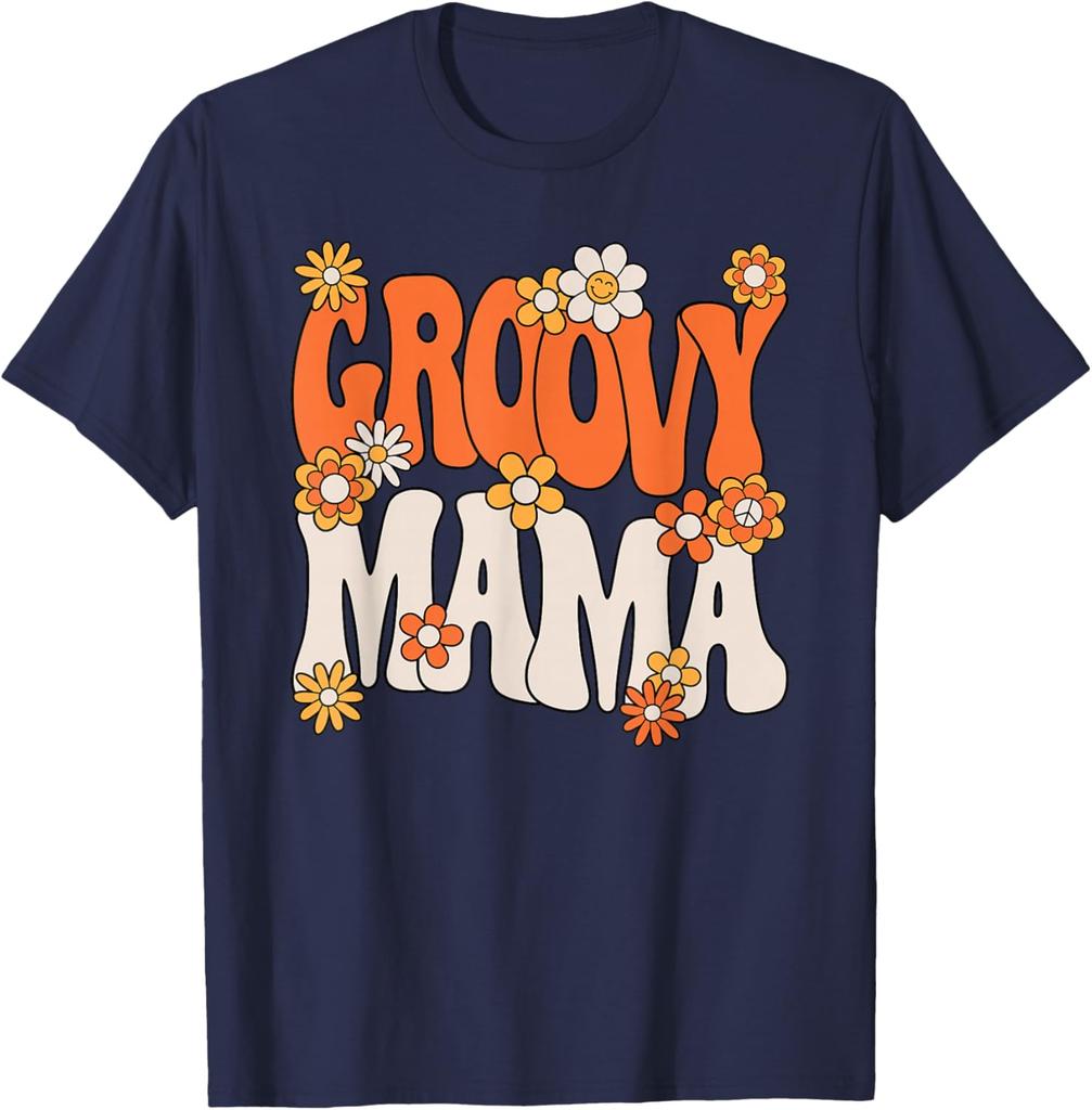 Groovy Mama Hippie 70s Retro Floral Print Cotton Graphic T-Shirt Casual Women Tee