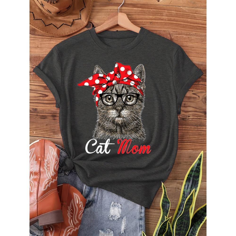 

Women Cotton Short Sleeves T-shirts Cat Mom Women s Tee Cute Cat with Bandana Glasses Graphic Casual Black Top 3XL