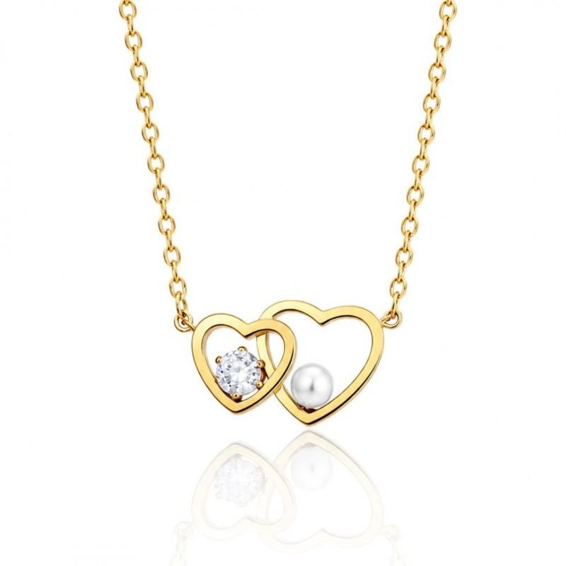 14K Gold Plated Stainless Steel Necklace, Double Heart with Crystal Nst2373