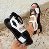 Sandali alla caviglia eleganti con intagli - Design geometrico bianco e nero, tomaia in finta pelle con suola in gomma, facili da infilare per feste casual e uscite in spiaggia