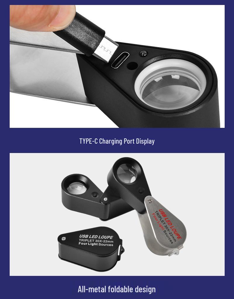 High-End 30x Magnifier with 13 LEDs & Quad-Color Light for Jewelry, Diamonds, Antiques, & Jade Appraisal