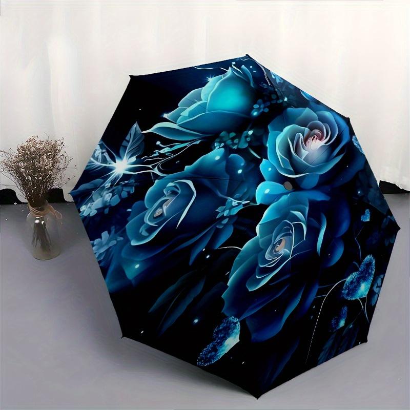 Blue Roses, Glowing Hearts Automatic folding umbrella  simple eight rib design, bright color pattern, durable iron frame, ideal for travel a
