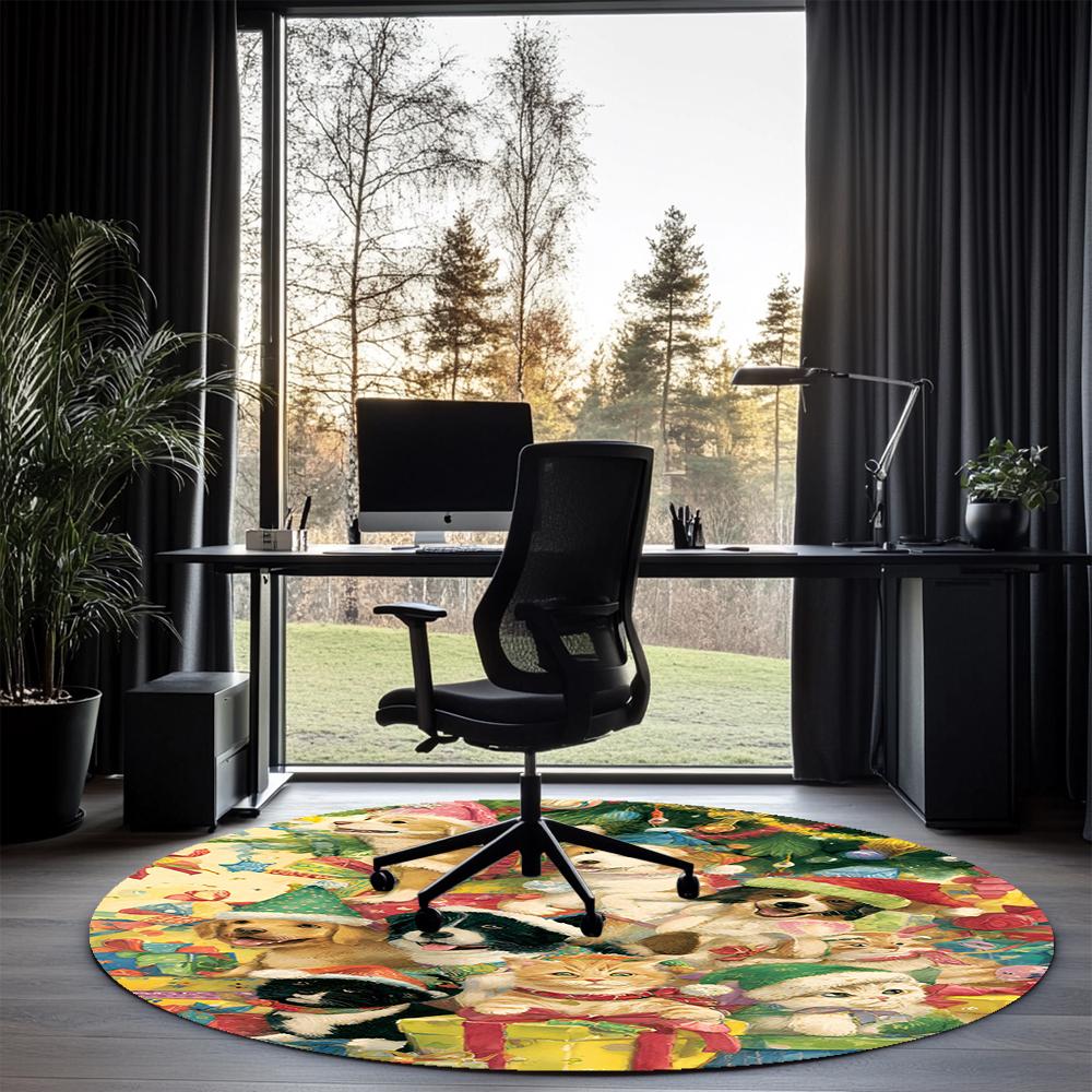 Christmas Dog Printed Round Rug Carpet Chair Rug Area Rug Entryway Doormats,for Office Chair Living Room Bedroom Kitchen Room.