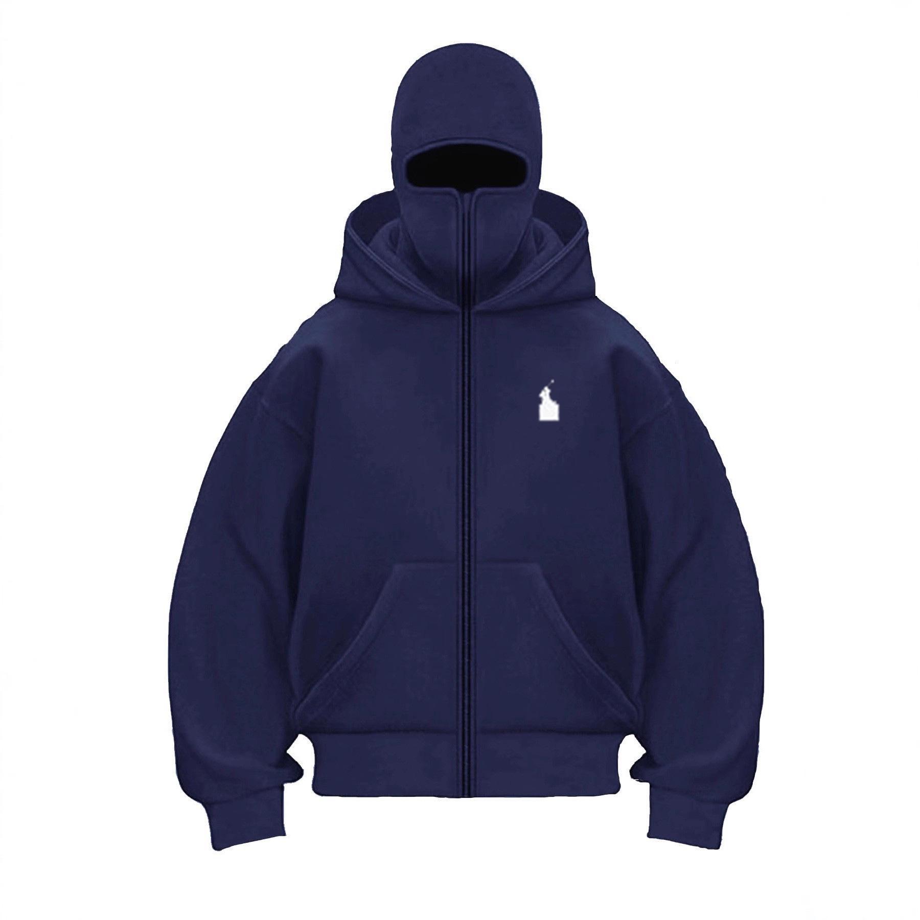 Men s Casual Autumn Zipper Hoodie with Embroidered Horse & Double Hood Large