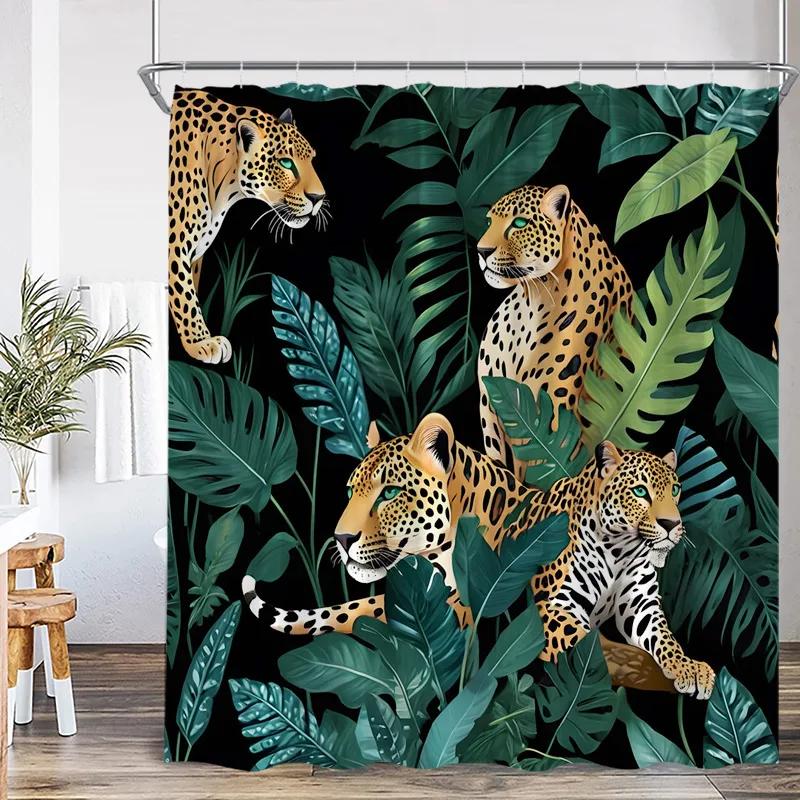 Floral Leopard Shower Curtains Watercolour Jungle Flowers Plants Wild Animal Bath Curtain Fabric Home Bathroom Decor with Hooks