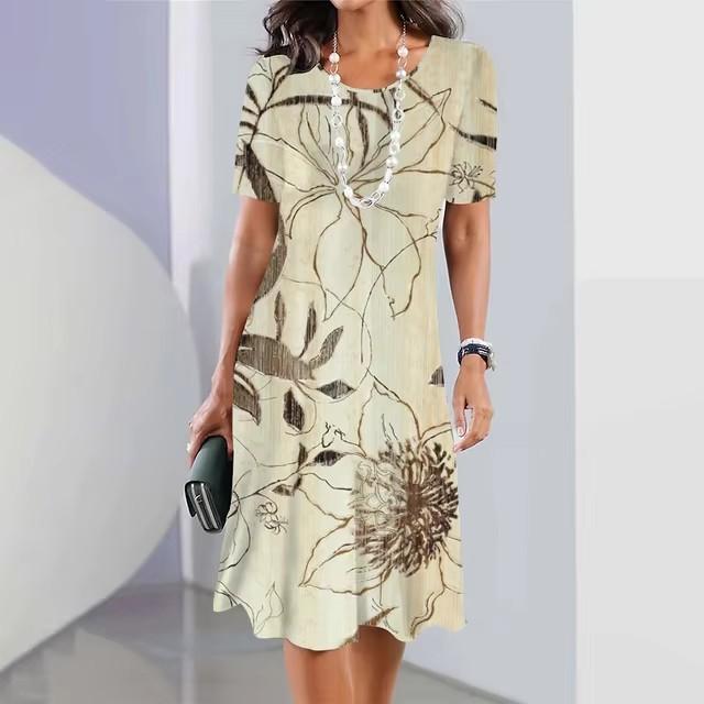 Elegant Women Short Sleeve Fashion 3d Print Midi Dress Plus Size Beach Clothing