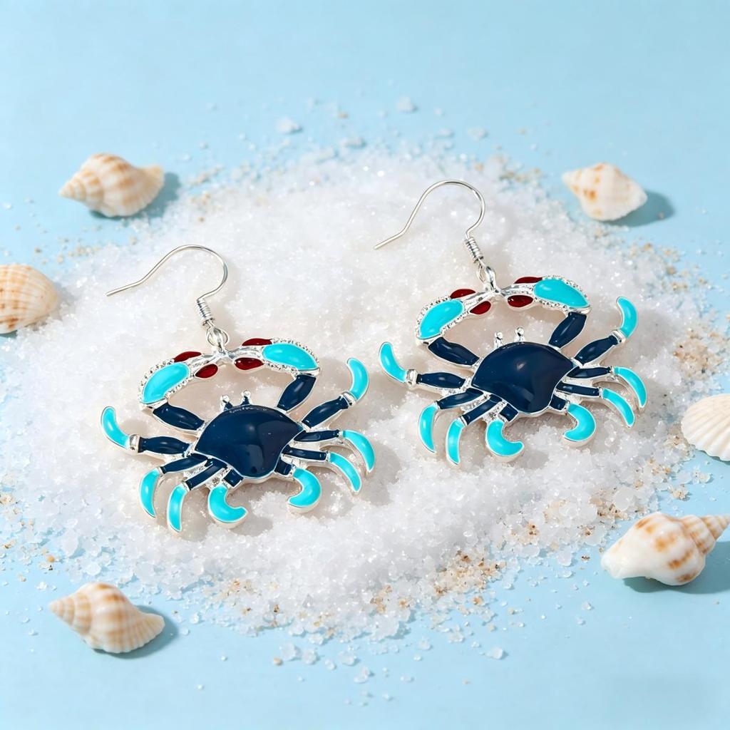 Translucent Lake Blue Enamel Crab Earrings - Ocean-Inspired Holiday Accessory