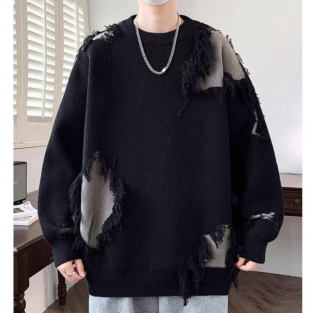 Unisex Trendy Ripped Knit Cardigan: Loose, Round Neck Sweater for Autumn/Winter