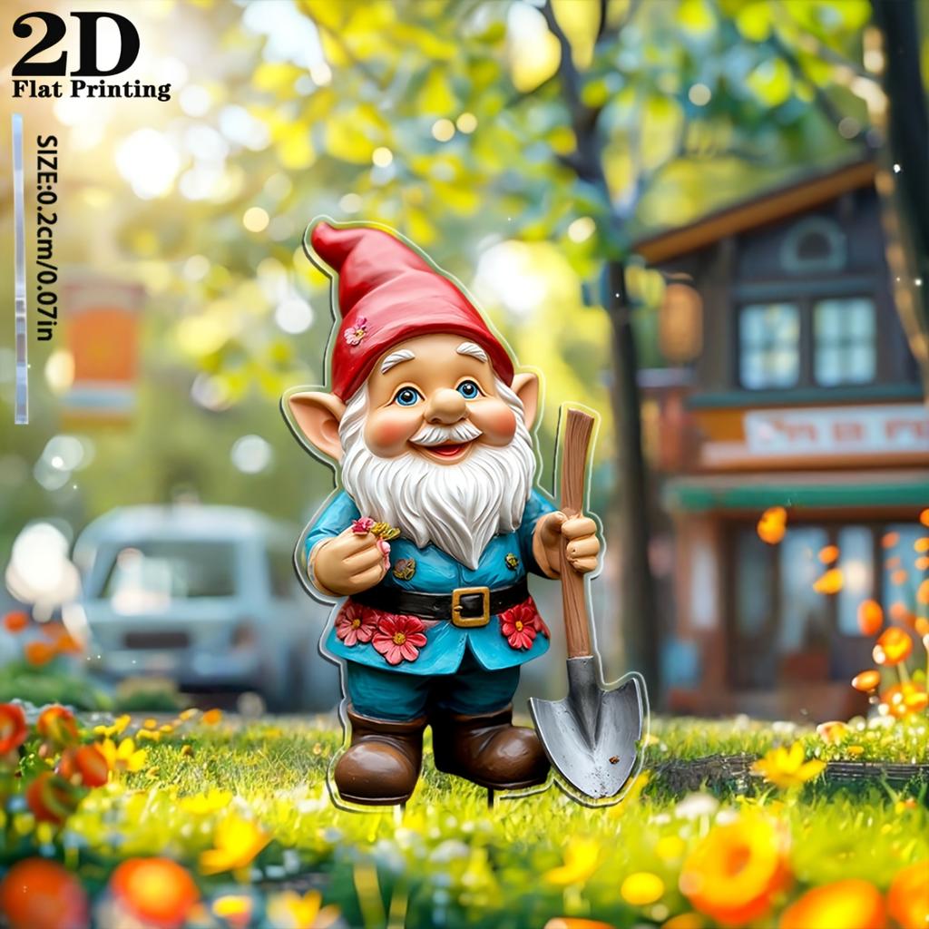 2D Flat Gnome Elder With Shovel Acrylic Garden Stake, Lightweight Indoor Outdoor Decor For Lawn Fence Flower Pots Courtyard And Garden Ornament