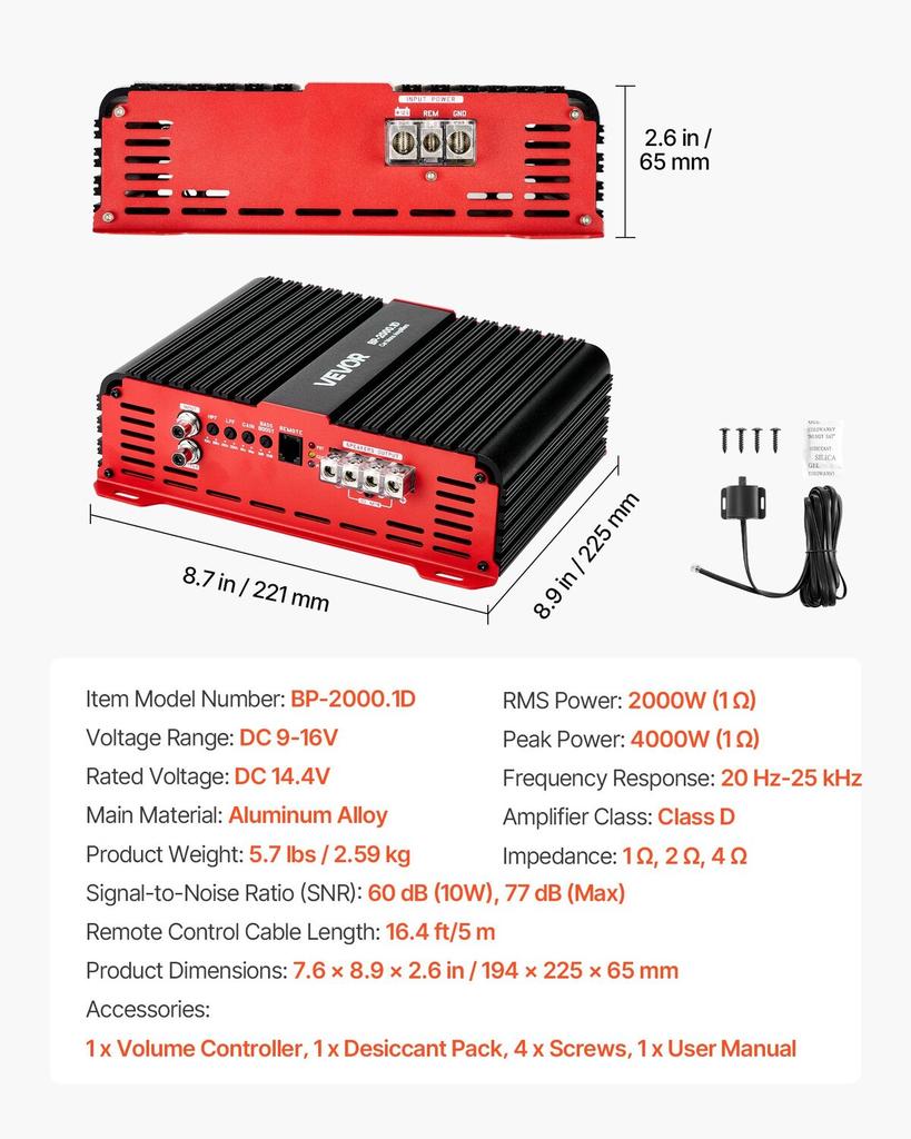 Monoblock Car Amplifier, 2000W RMS MAX, 1/2/4 Ohm Stable, 1-Channel Class D Car Audio Amplifier with Remote Subwoofer Level Control, Low Pass Filter