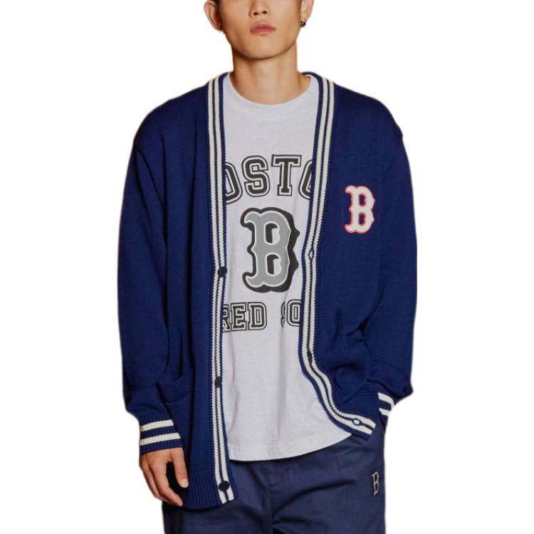 MLB Boston Red Sox Buchstaben Jacquard Gestreifter V-Ausschnitt Einreiher Strickpullover Unisex Pullover Marineblau 3AKCV0131-43NYS
