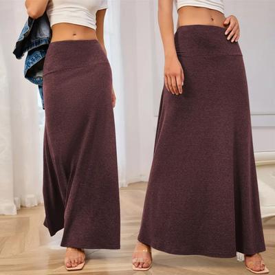 Women Maxi Skirt Elastic High Waist A-Line Long Skirt Solid Color Design