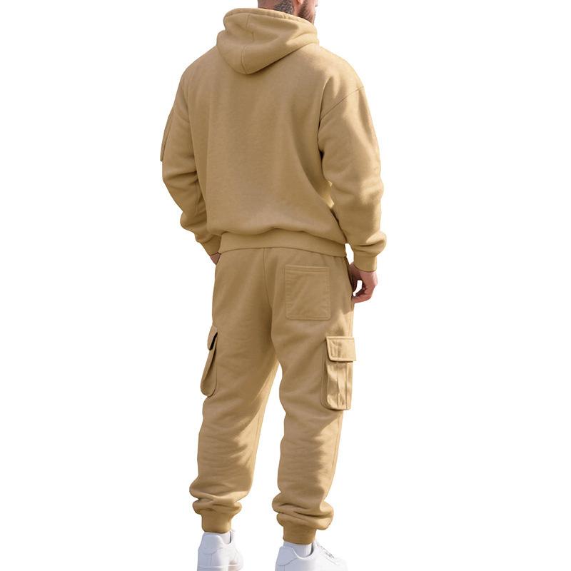 Mens Warm Thick Multiple Pockets Hooded Sweatshirt And Cuffed Sweatpants Two Piece Sports Set