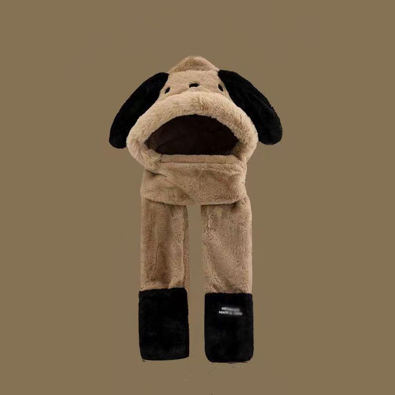 Cute cartoon Pacha plush puppy hooded scarf winter warm gloves hat ears scarf integrated three-piece set