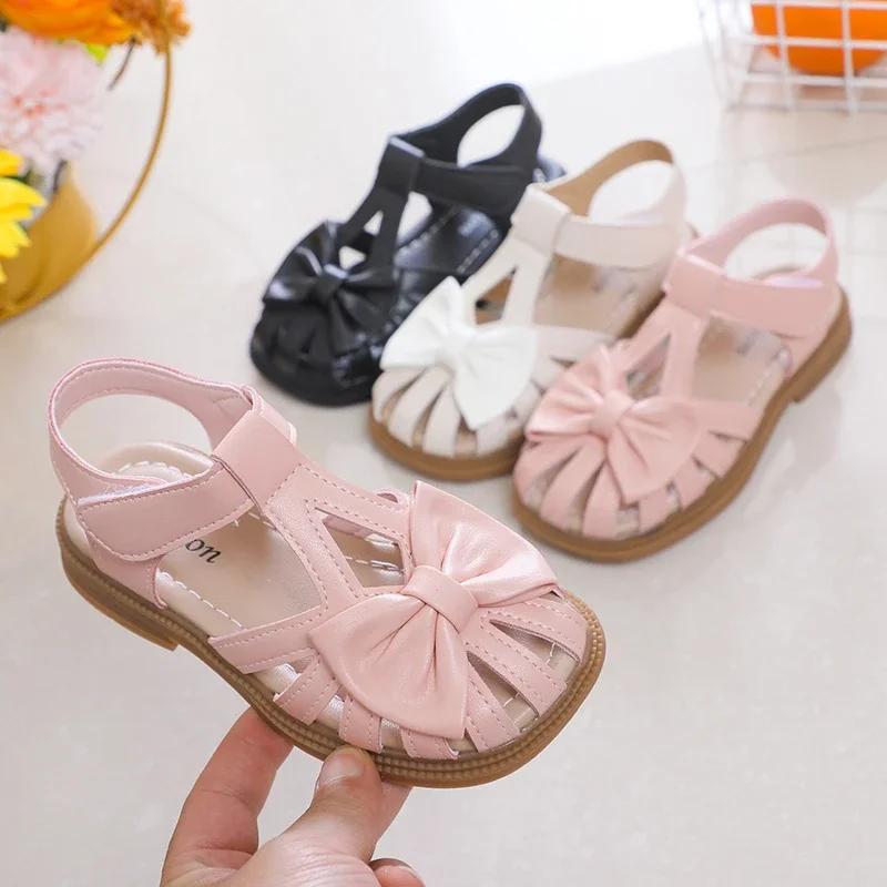 Cute Girls Sandals Bow Peep-toe New Soft Hook & Loop Beige Kids Princess Shoes Casual Sandals Cute Children Shoes Non-slip