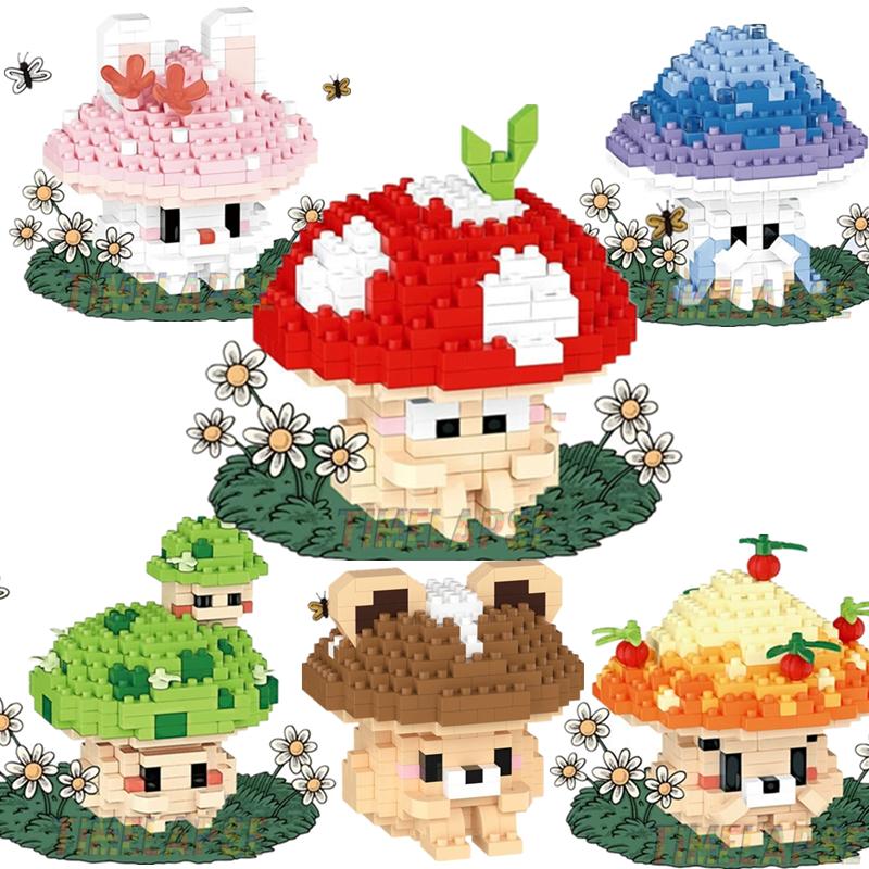 New Diy Mushroom Cartoon Rabbit Bear Super Colorful Plant Fungi Building Blocks Kit Girls Bricks Movie Model Kids Toy Children