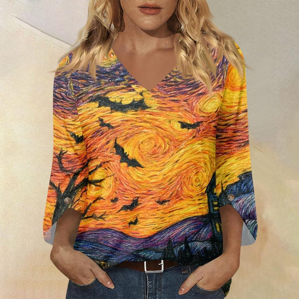 Womens Halloween Print V Neck Three Quarter Sleeve Casual Top Lightweight Loose Fit Pullover Blouse for Autumn and Spring