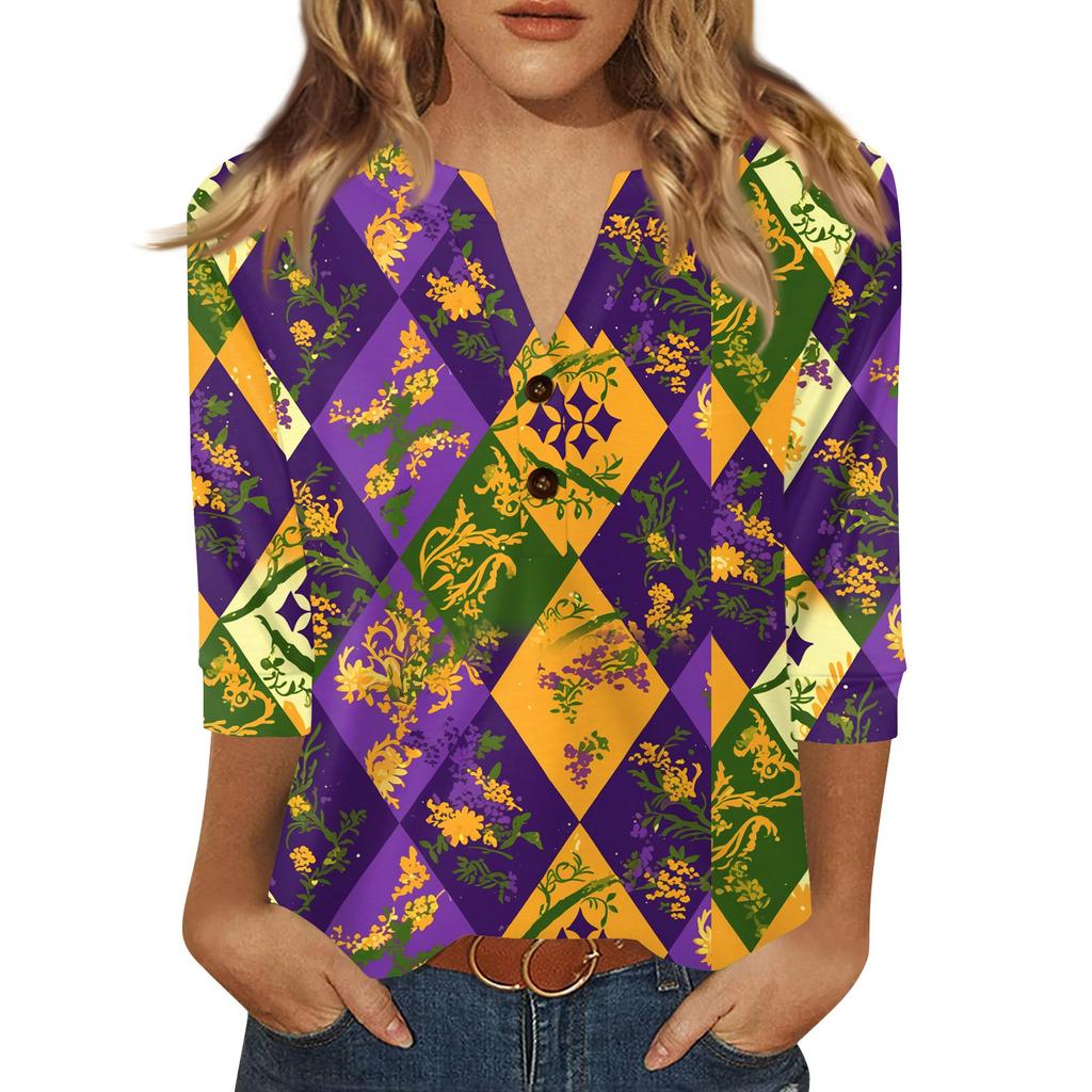 Women's Carnival Printed Fashionable Casual V-neck Button Seven Inch Sleeve T-shirt Top