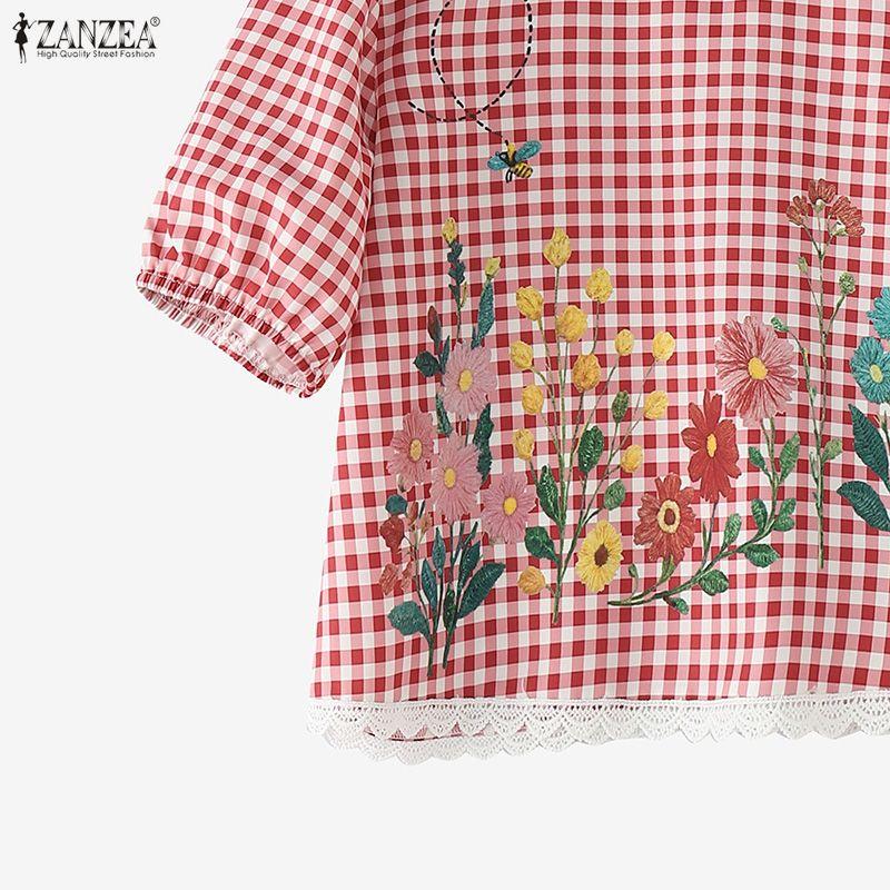 ZANZEA Women Grid Print Casual Round Neck Half Sleeve Blouse