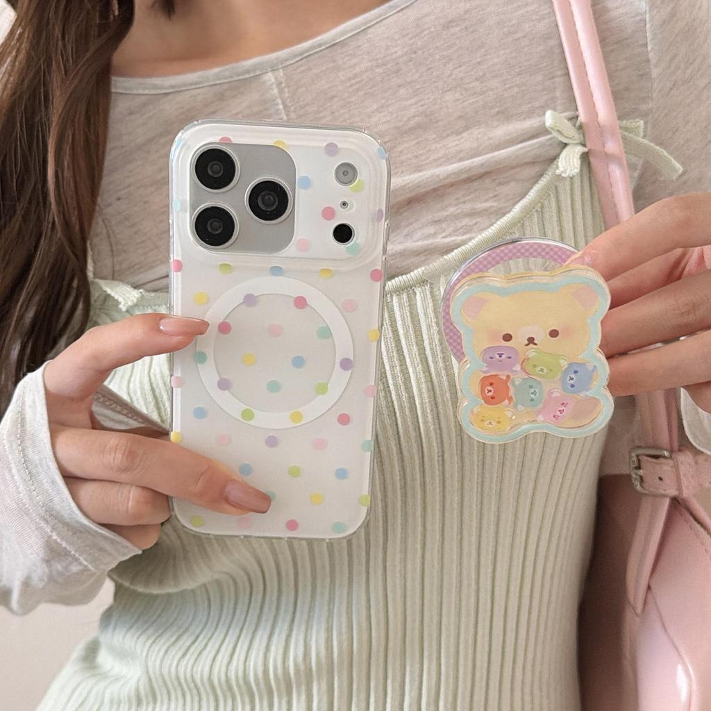 Colorful Polka Dot Bear Stand Case for iPhone 15/14/16 17ProMax