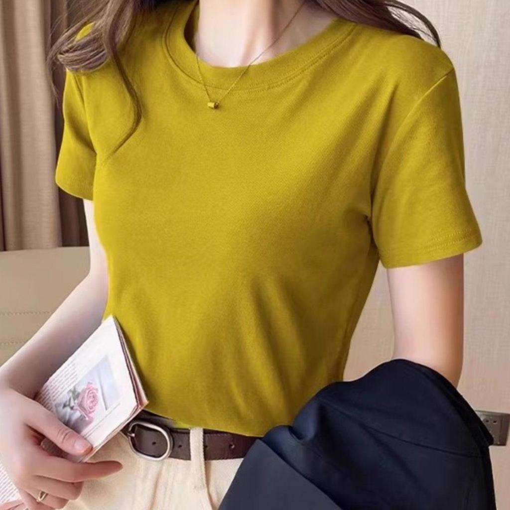 Women's Elegant Round Neck Short Sleeve Textured Solid Color T-shirt - High Stretch and Versatile Summer Top
