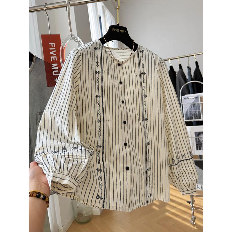 Women s 2026 French Korean Style Striped Long Sleeve Embroidered Round Neck Top L