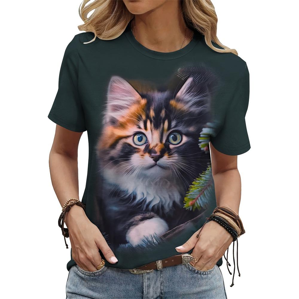 Summer Fashion Short Sleeve Casual Top Loose Women's T Shirt Cute Cat Cow Pattern Printed Woman Clothing Y2k Ladies Clothes Tees