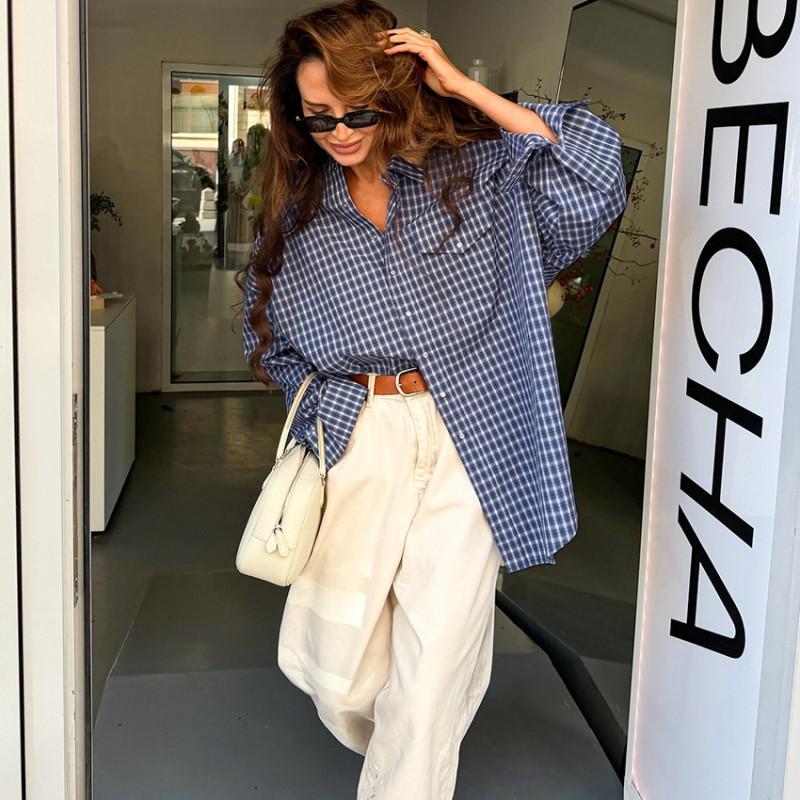 Womens Vintage Plaid Cardigan Shirt 2025 Fall Winter British Style Loose Fit Long Sleeve Single-Breasted Casual Elegant Top