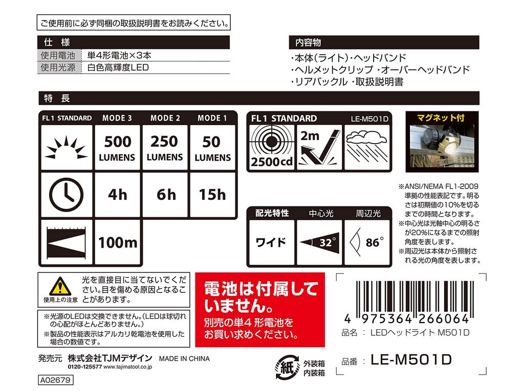 TJM Design Tajima LED Headlight M501D, Maximum Brightness 500 Lumens, LE-M501D