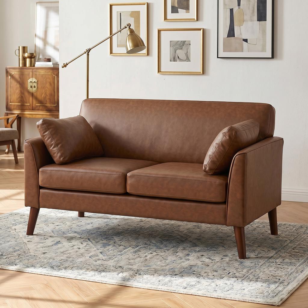 2 Seater Sofa, 132 Cm Modern Small Sofa with Solid Wood Legs and 2 Pillows for Small Space, Brown