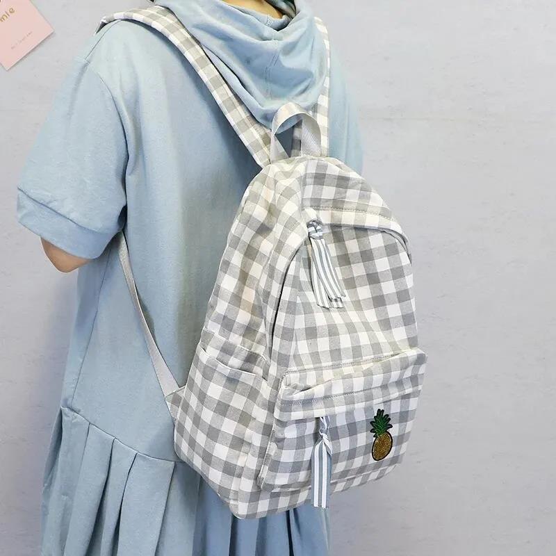 

Простая школьная сумка для девочек, маленький свежий рюкзак в клетку с вышивкой ананасом и блестками, повседневный универсальный рюкзак для студентов-подростков 30*13*40cm