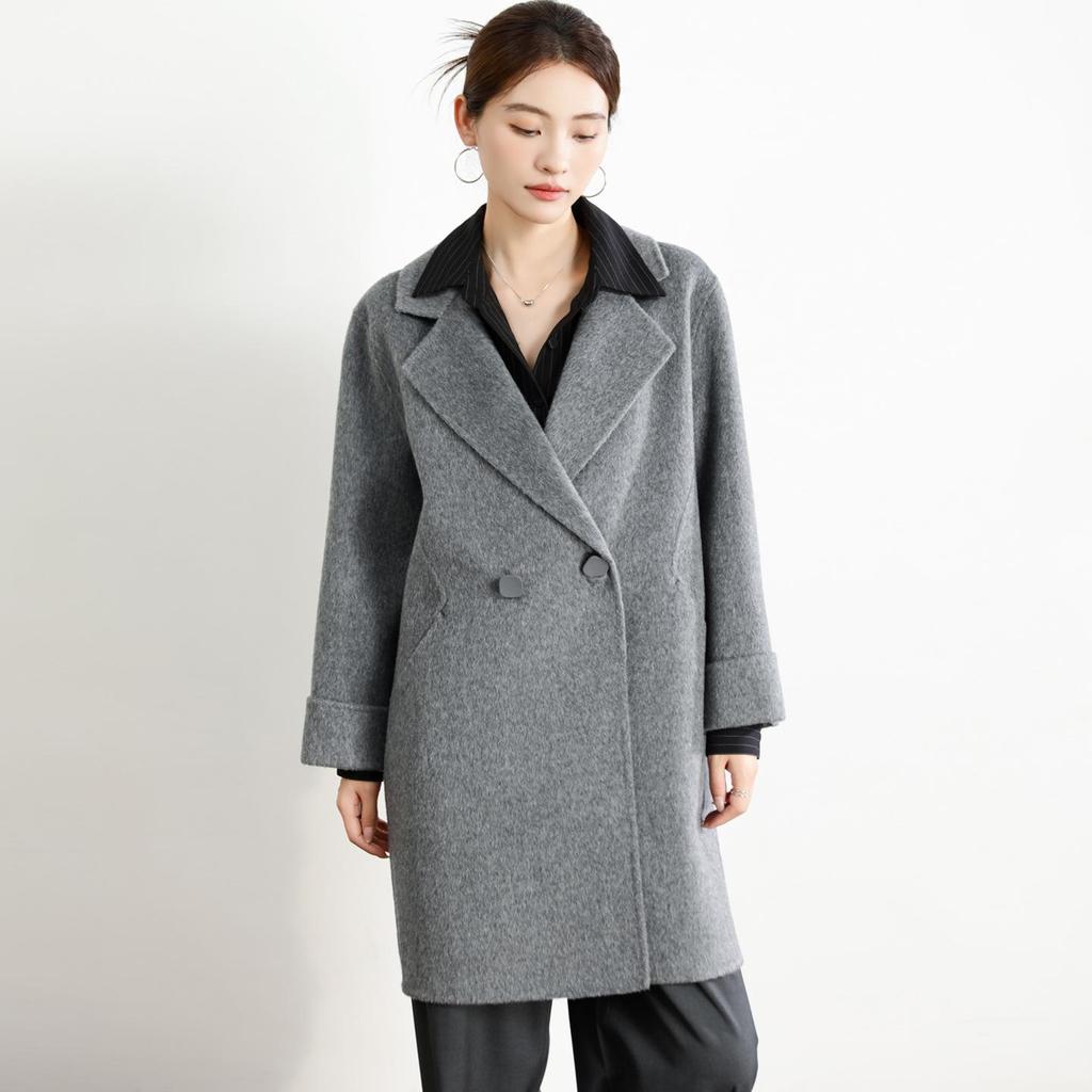 Women's Mid-Length Black Double-Faced Cashmere Wool Coat - 2025 Autumn/Winter Collection