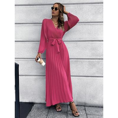 Autumn and Winter Women's Dress V-Neck Long Sleeve Pleated A-Line Dress Midi Dresses