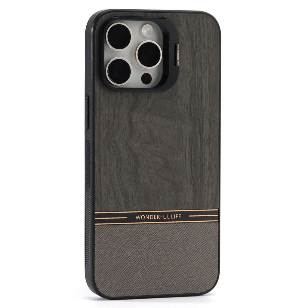 For iPhone 15 Pro Case Lens Frame Kickstand TPU+PC Wood Grain Phone Cover