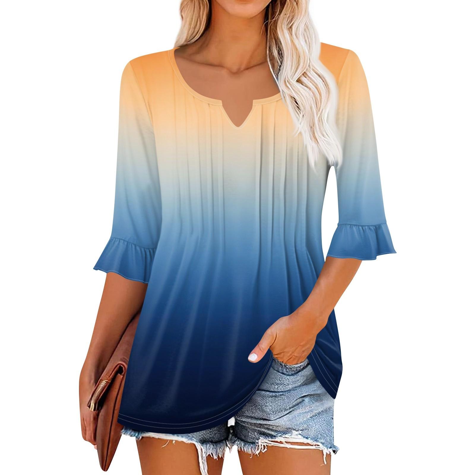 

Жіночі топи з рукавами 3/4, повсякденні футболки з рюшами та V-подібним вирізом, робочі блузки, нарядні туніки XL жовтий