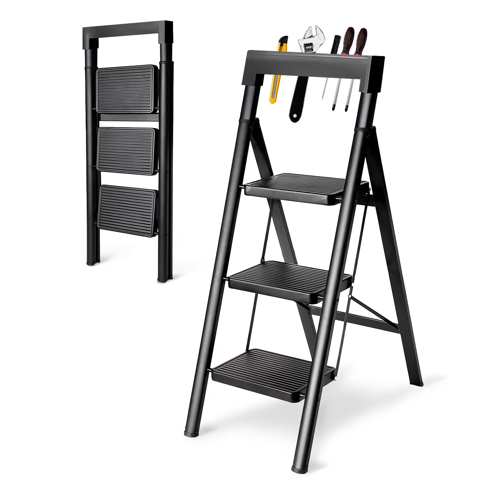 

Складная стремянка OSATA с поручнями для использования в помещении и на улице, грузоподъемность 150 кг, компактная, экономящая место, нескользящая (Черный, 3-шаговый) чёрный